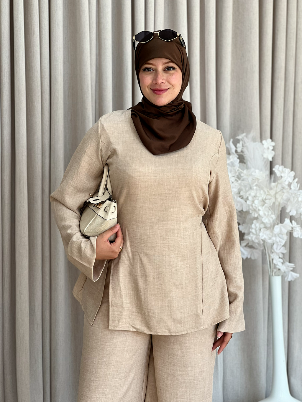 Ensemble pantalon droit et liquette en lin froissé
